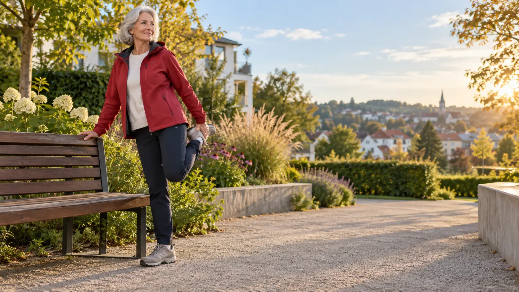 Frau bewegt sich sanft in einem deutschen Stadtgarten
